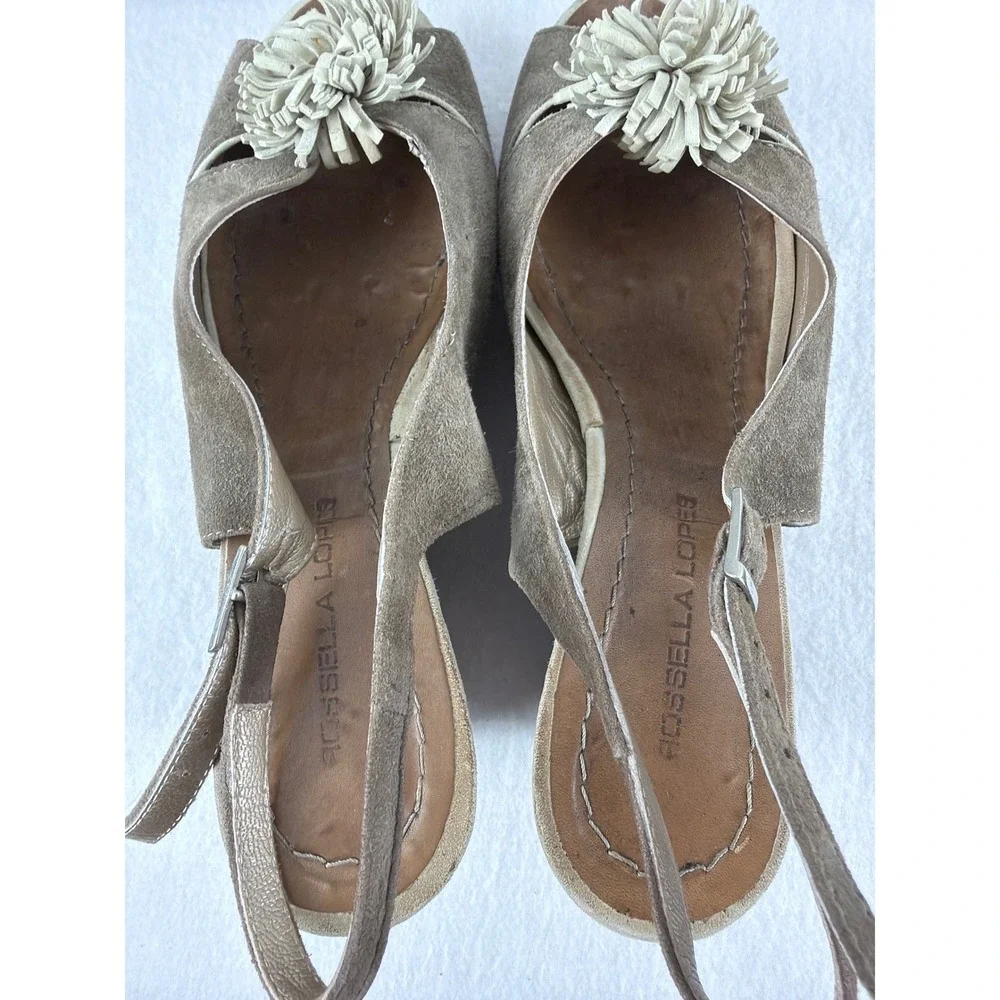 Rossella Lopes Italy Sz 11 Suede Wedge Sandals Slingback Peep Toe Pom Pom Brown